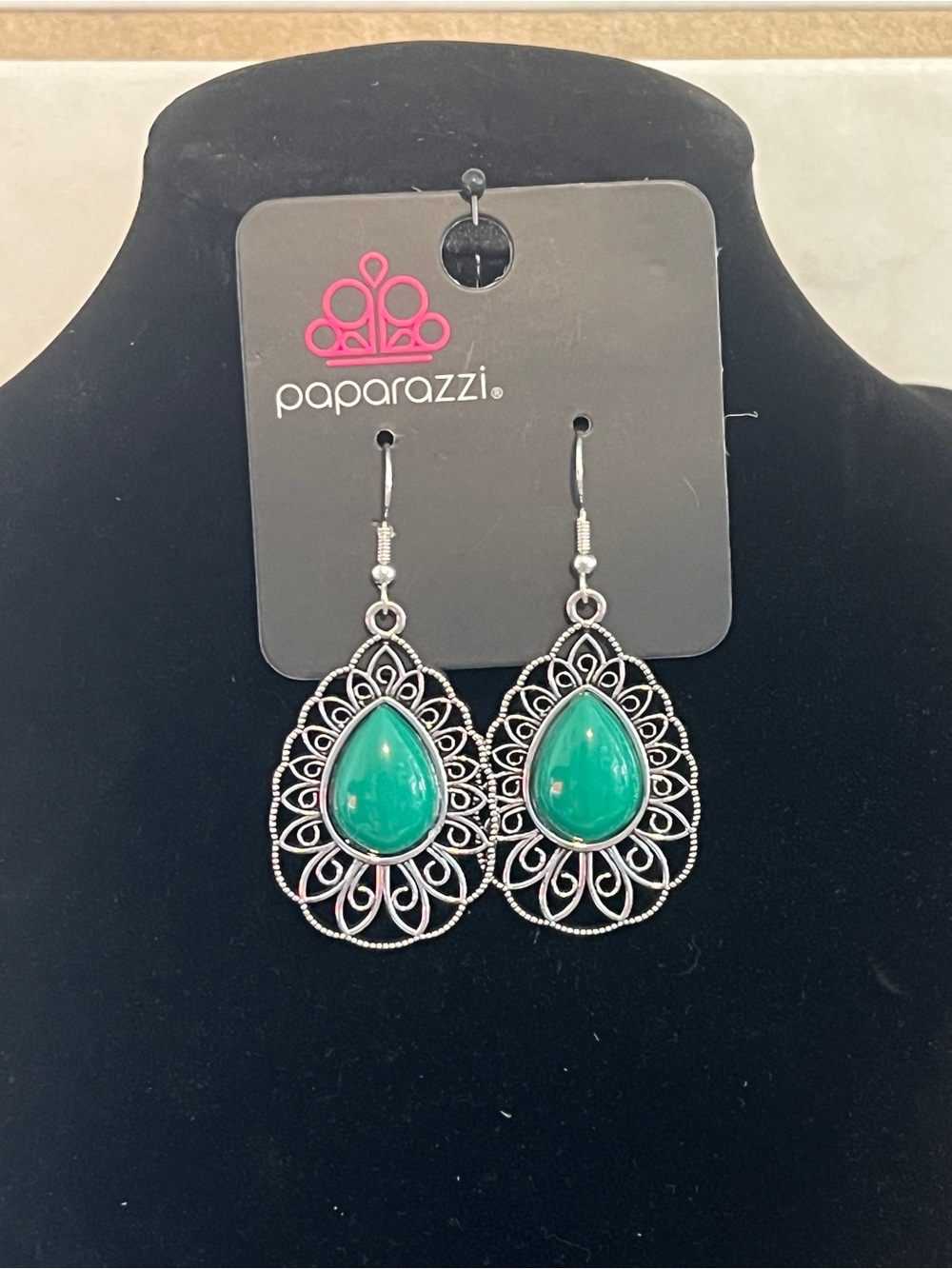 Paparazzi Green Teardrop Lace Filigree Earrings